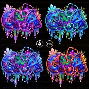 May include: Four colorful CNA designs with dripping paint effect, hearts, and medical symbols. Each design features a different color scheme, including purple, blue, green, and orange. The designs include a stethoscope, crystals, and DNA strands.