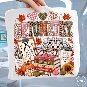 May include: A white graphic print featuring the word OPTOMETRY in patterned letters, surrounded by autumn leaves, hearts, an eye chart, a phoropter, leopard print glasses, a stack of books, a pumpkin, and a cup with the text GOOD VISION BRIGHTER TOMORROWS.
