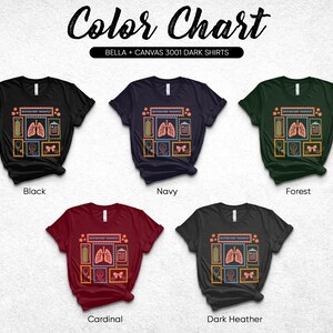 May include: Color chart of Bella + Canvas 3001 dark shirts in black, navy, forest green, cardinal red, and dark heather grey. Each shirt features a Respiratory Therapist design with medical-themed illustrations.