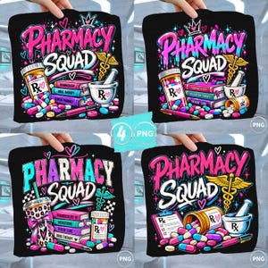 May include: A set of four digital graphic designs featuring the text Pharmacy Squad in bold lettering. The illustrations include pharmacy-themed elements such as pill bottles, colorful capsules, stacks of textbooks, a mortar and pestle, and a caduceus symbol in vibrant pink, blue, and yellow hues against a black background.