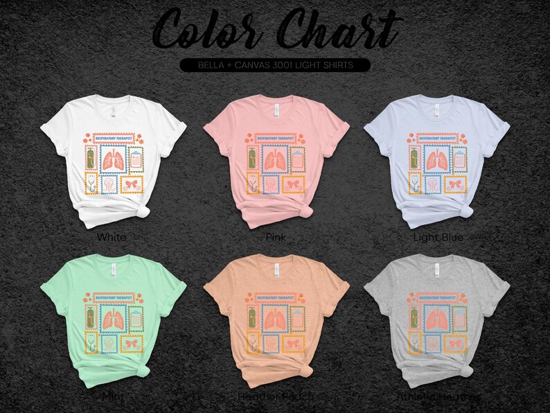 May include: A color chart displays six Bella + Canvas 3001 light shirts in various colors: white, pink, light blue, mint, heather peach, and heather grey. Each shirt features a graphic design with medical-themed postage stamp illustrations.