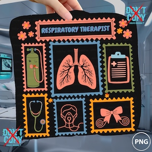 May include: Black graphic featuring the text "RESPIRATORY THERAPIST" and illustrations of medical equipment and lungs. The design includes a stethoscope, oxygen tank, and a patient with an oxygen mask. The design is framed with postage stamp borders.