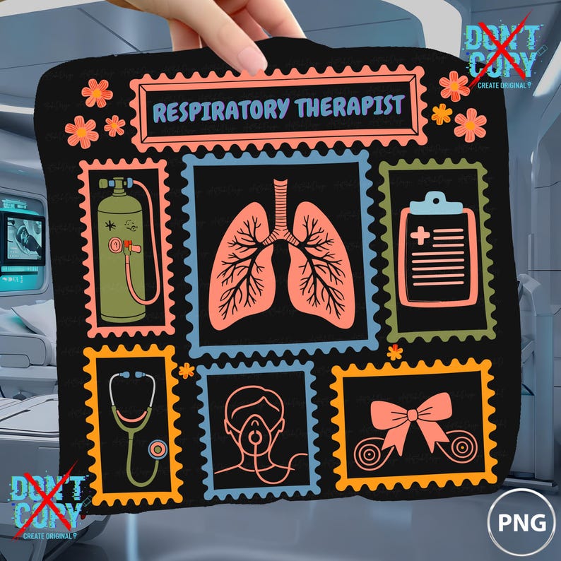 May include: Black graphic featuring the text "RESPIRATORY THERAPIST" and illustrations of medical equipment and lungs. The design includes a stethoscope, oxygen tank, and a patient with an oxygen mask. The design is framed with postage stamp borders.