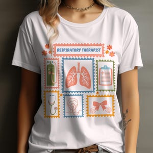 May include: White t-shirt with a colorful graphic design featuring medical-themed postage stamps. The stamps include images of lungs, a stethoscope, and an oxygen tank. The text "RESPIRATORY THERAPIST" is printed at the top.