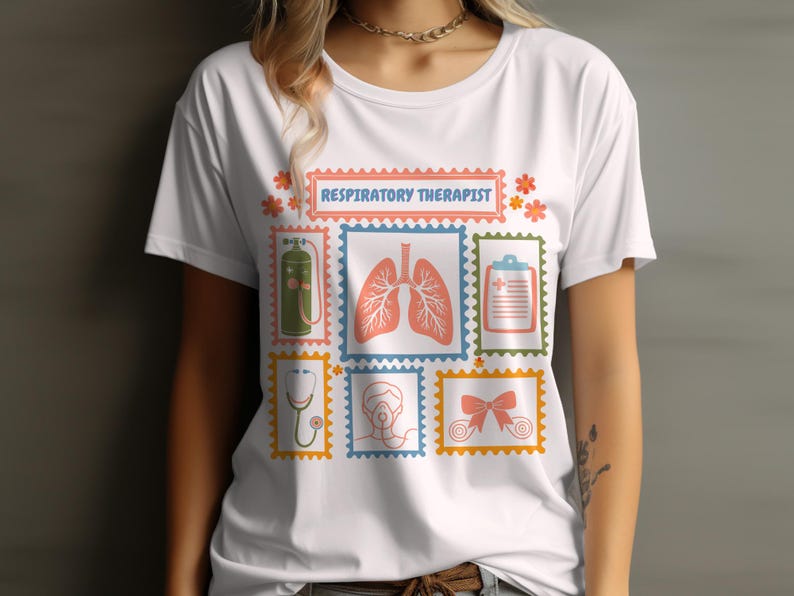 May include: White t-shirt with a colorful graphic design featuring medical-themed postage stamps. The stamps include images of lungs, a stethoscope, and an oxygen tank. The text "RESPIRATORY THERAPIST" is printed at the top.