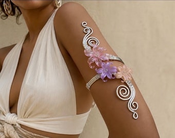 Pulseira de braço alta com flor / bracelete de braço / prata