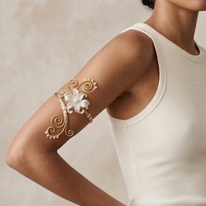 Gold Upper Arm Cuff Mother of Pearl Flower Bracelet, Boho Fairycore Arm Band, Adjustable Bridal Festival Jewelry, Handmade in France”