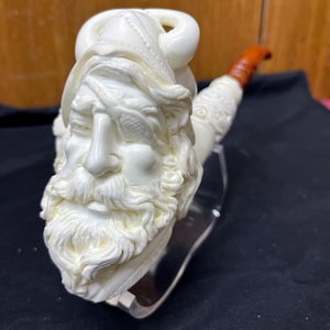 Handskuren vikinga-/piratpipa med sjöskum | Samlartobakspipa | Figurativ rökpipa