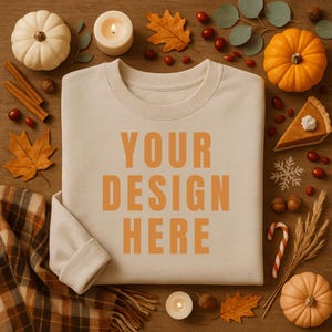 May include: A cream-colored sweatshirt with the text "YOUR DESIGN HERE" in orange. The sweatshirt is surrounded by fall-themed decorations, including pumpkins, leaves, candles, and a slice of pie. The scene is set on a wooden surface.