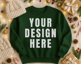 Green Sweatshirt Mockup, Blank Crewneck Christmas Flat Lay with Beanies, Gifts & Lights JPG