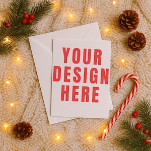 May include: A white greeting card with the text "YOUR DESIGN HERE" in red, placed on a cream-colored knitted surface. The card is accompanied by a white envelope, pine cones, a candy cane, and festive greenery with red berries, all illuminated by fairy lights.