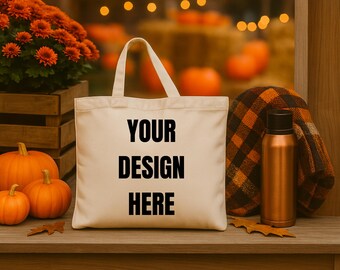 Fall Tote Bag Mockup, Autumn Porch Scene (JPG)