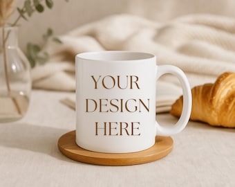 White Mug Mockup, 11oz Ceramic Cup, Cozy Lifestyle (JPG Digital Download)