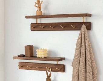 Solid Wood Wall Coat Rack with Shelf – Modern Entryway Organizer, Walnut or Beech Hooks, Hallway Wall Mounted Rack for Coats & Hats