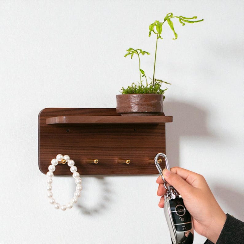 Modern Wood Key Rack With Shelf | Key Holder With Brass Hooks ...