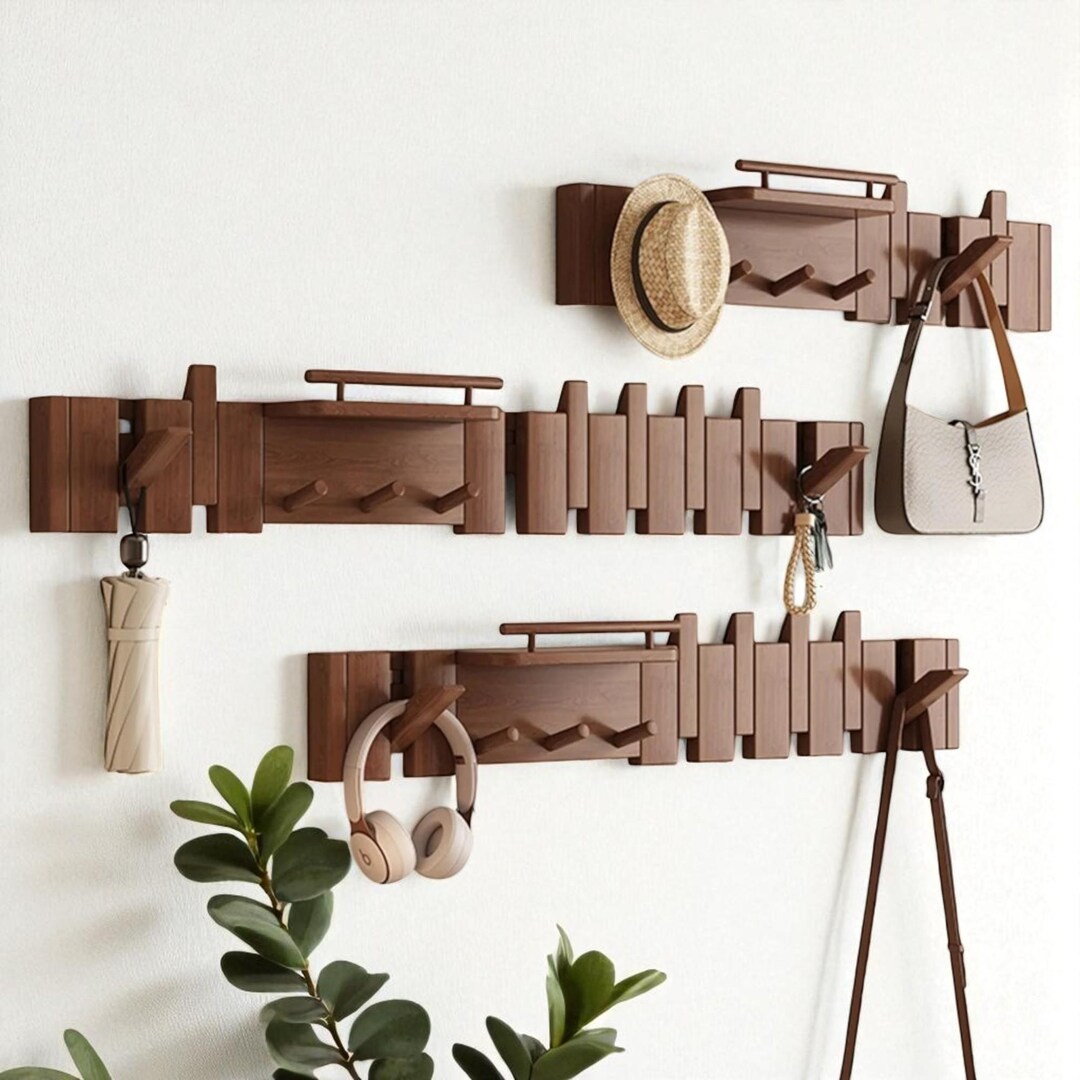 Hello Coat Rack Solid Wood Wall Coat Rack With Shelf – Flip Down Hooks for Coats, Hats ...