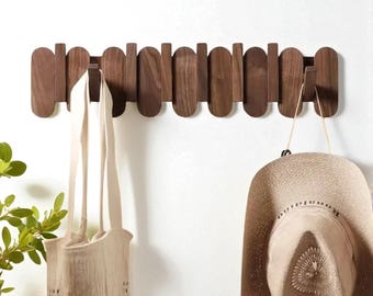 Solid Walnut Piano Coat Rack – Vintage Style Wall Mounted Coat Hanger with Piano Key Hooks, Entryway Clothes & Hat Rack