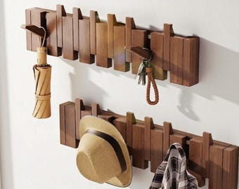 Solid Wood Piano Key Coat Rack, Magnetic Flip Hooks, Modern Entryway