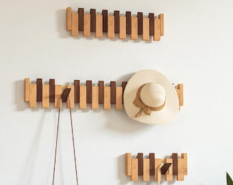 Walnut & Beech Wood Coat Rack – Modern Flip Down Hook Hanger
