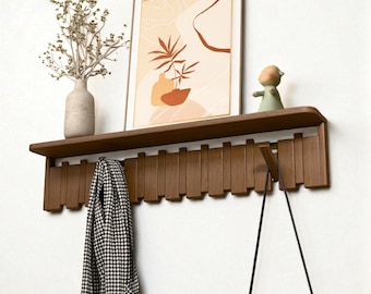 Modern Wooden Piano Coat Rack with Shelf – Wall Mounted Rack for Clothes, Coats & Hats, Space-Saving Flip Down Wall Hooks