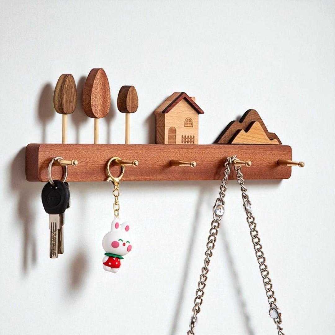Modern Wood Key Rack With Brass Hooks | Entryway Organizer - Etsy