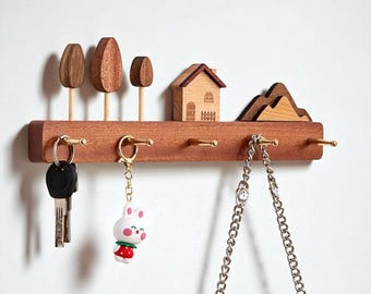 Modern Wood Key Rack with Brass Hooks | Entryway Organizer