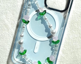 手作りのチューリップパール付き携帯チャーム｜ピンクの花柄ビーズストラップ、ヴィンテージフローラル携帯アクセサリー