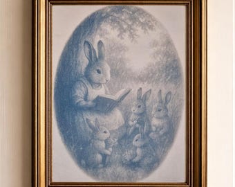 Rabbits, original cyanotype, children's room decoration, A4 picture, fairy tale illustration, handmade, animal gift for a child, vintage