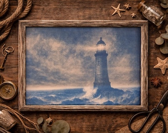 Lighthouse Cyanotype Vintage A4, Nautical Retro Handmade Picture, Ocean Sea Waves, Wall Decoration Nautical Style, Unique Picture.