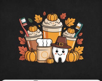 May include: A fall-themed graphic featuring a smiling tooth wearing a pilgrim hat, surrounded by pumpkins, fall leaves, coffee cups topped with pumpkins, toothbrushes, and a box of dental floss. The background is black.