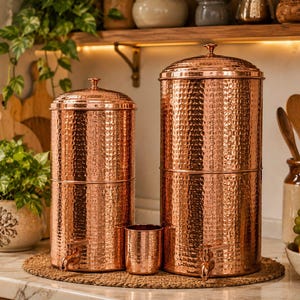 Può includere: Due distributori d'acqua cilindrici in rame con texture martellata e coperchi abbinati, ciascuno dotato di un piccolo rubinetto alla base. Una tazza in rame martellato abbinata è posizionata tra i due distributori su un tappetino intrecciato.