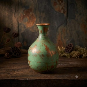 Peut inclure: Un vase en céramique bulbeux avec un col étroit et un bord évasé. La surface présente une finition marbrée avec un mélange de vert clair et de taches aux tons cuivre patiné, créant un aspect texturé sur le corps arrondi du récipient.
