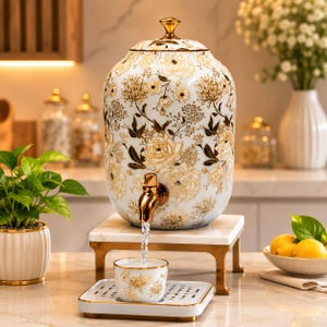 May include: A white ceramic beverage dispenser with a gold floral pattern, a gold lid, and a gold spigot. The dispenser sits on a white marble stand with gold legs, and a matching white and gold floral cup rests on a white tray below the spigot.