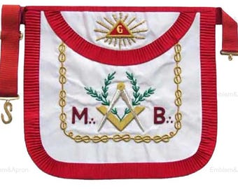Grembiule da Maestro Massone del Rito Scozzese - Bianco e rosso, bordi plissettati, ricamo dorato