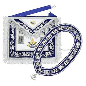 Past Master Apron Lambskin: Hand-Embroidered Bullion Thread, Chain Collar, Jewel Regalia