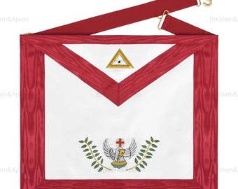 Grembiule del 18° grado del Rito Scozzese con Rosa Croce e bordi in nastro rosso con emblema colorato