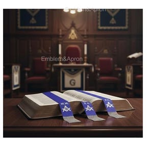 Op de afbeelding: Twee open boeken met blauwe linten met vrijmetselaarsymbolen. De boeken liggen op een donkere houten tafel, met een vage achtergrond van een vrijmetselaarsloge. De tekst "Emblem&Apron" is zichtbaar.