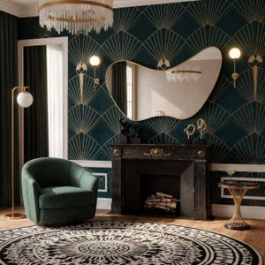 May include: An interior design scene featuring a green armchair, a black and white patterned rug, and a fireplace. The walls are adorned with a dark teal wallpaper with gold fan-shaped designs. A large, uniquely shaped mirror hangs above the fireplace.