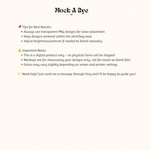 May include: A cream-colored graphic with the text "Mock-A-Bye" at the top. Below, bullet points list tips for best results and important notes about the digital product. The text encourages users to send a message for help.