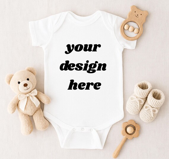 White Infant Onesie Mockup PNG | Baby Bodysuit Digital Download | Rabbit Skins 4424 Flat Lay
