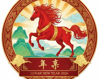 Signo del Año Nuevo Lunar Chino del Caballo 2026 - Arte mural redondo de aluminio de 45 cm - Decoración asiática moderna para el hogar