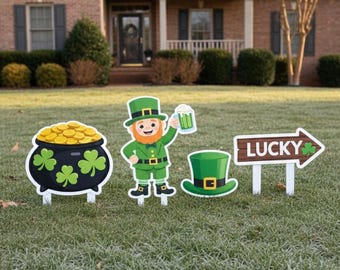 Decoraciones para el jardín del Día de San Patricio: Letreros de PVC de calidad profesional con forma de duende y olla de oro para exteriores, 45 cm de alto