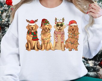 Christmas Dogs DTF Transfer - Golden Retriever Holiday Lights Dog Print - Ready to Press