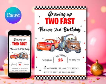 Cars Birthday Party Invitation, Lightning Mcqueen Birthday, Cars Party Invite, Second Birthday Party Invitation, Two Fast, 2, Tow Mater Cars