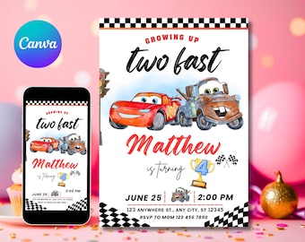 Lightning McQueen Einladungskarte | Bearbeitbare digitale Einladung | Cars Party Vorlage | Sofort Download für Kinder