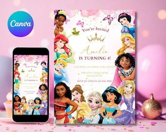 Princess Birthday Invitation Princess Invitation Princess Party Invitation Girl Princesses Invitations Gold Pink Instant EDITABLE Digital