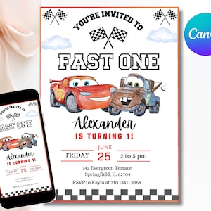 May include: A birthday party invitation featuring Lightning McQueen and Mater from the movie Cars. The invitation reads "You're Invited to Fast One" and includes the name "Alexander", the date, time, and location.