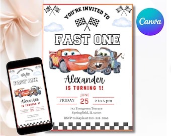 Cars Birthday Invitation, Fast One, Lightning McQueen Invitation, Kids First Birthday Invite Digital Invitation, Canva Downloadable PDF 5x7"