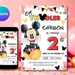 May include: A birthday invitation featuring Mickey Mouse. The invitation reads "Oh Twoodles, Carson is turning 2!" with event details. A smartphone displays the same invitation. The design includes balloons and Mickey Mouse icons.