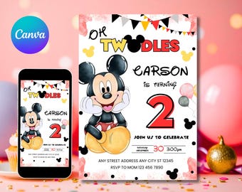 Invitación Oh Twodles, Invitación de cumpleaños de Mickey, Invitaciones de Mickey Mouse, Invitación editable de Mouse, Invitación de Mickey Twodles, Canva